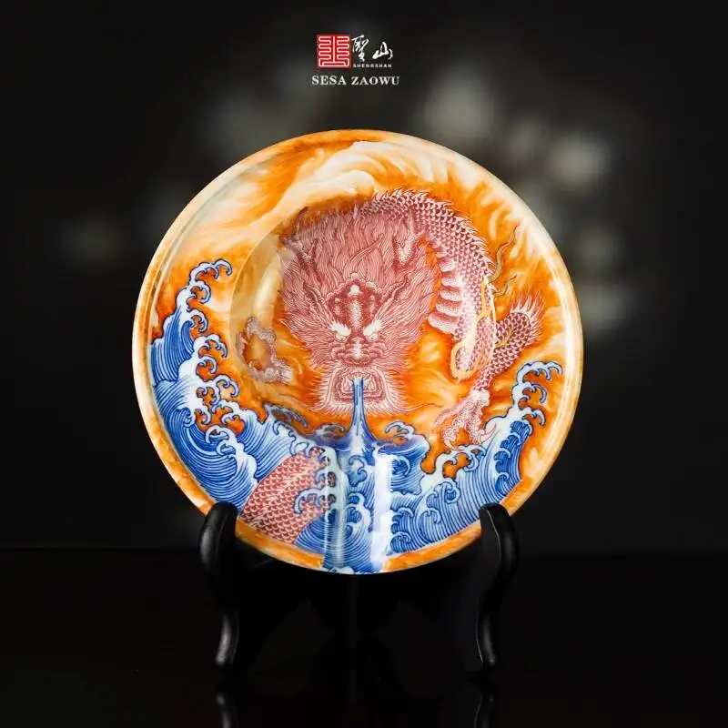 

Holy Mountain Jingdezhen Hand-Painted Blue And White Alum Red Dragon King Stream Water Handmade Ceramic Ashtray Cigar Jar