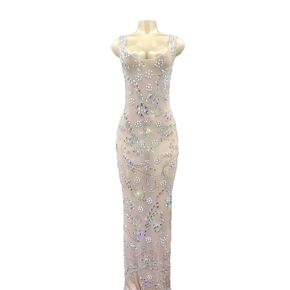 Summer Women's Elegant Shiny Crystal Plus Size Sleeveless Long Evening Dress Sexy For Casual Party Chic And Sweet Evening Dress