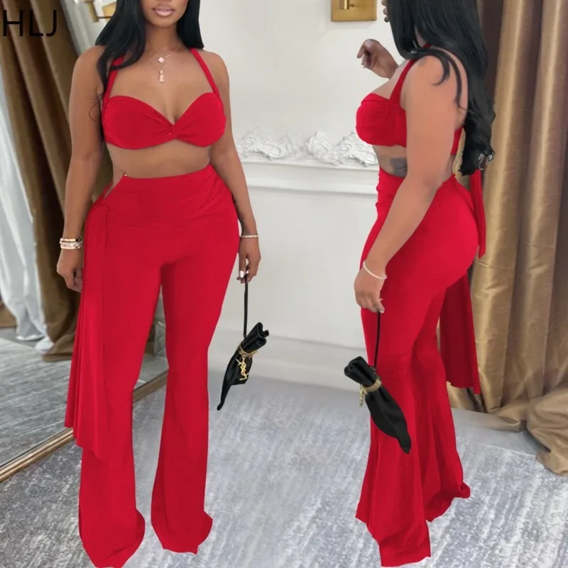 

HLJ Sexy Hollow Out 2 Pieces Set for Woman Outfits Halter Backless Crop Top + Ruched Patchwork Pants Suits Female Streetwear New