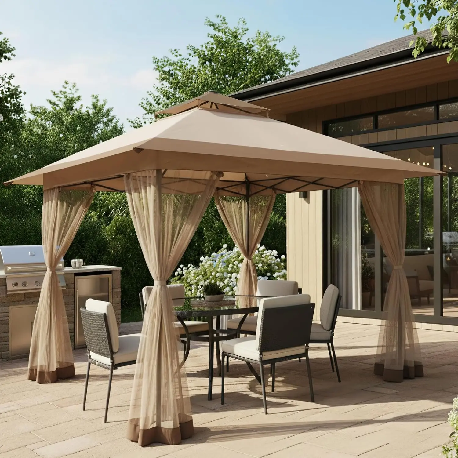 13x13 Ft Khaki 1-Push Pop Up Gazebo Canopy 300D Waterproof UV Protection Double Vented Roof 4 Sided Mesh Netting Weight Sandbags Wheeled Roller Bag