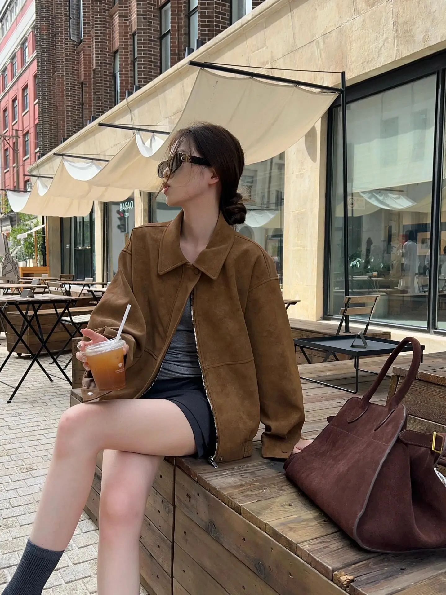 

Retro American Brown Suede Jaet Women's Spring Autumn Loose Casual Collar Stand up Zipper ket Regular Sve Long Coat