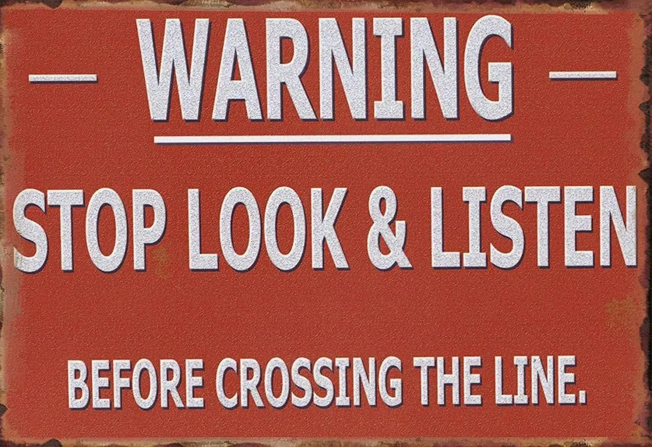 Stop Look Listen Railway Train Station Crossing Metal Tin Sign Hanging Retro Sign Kitchen Wall Poster Cafe Bar Pub Man cave sign