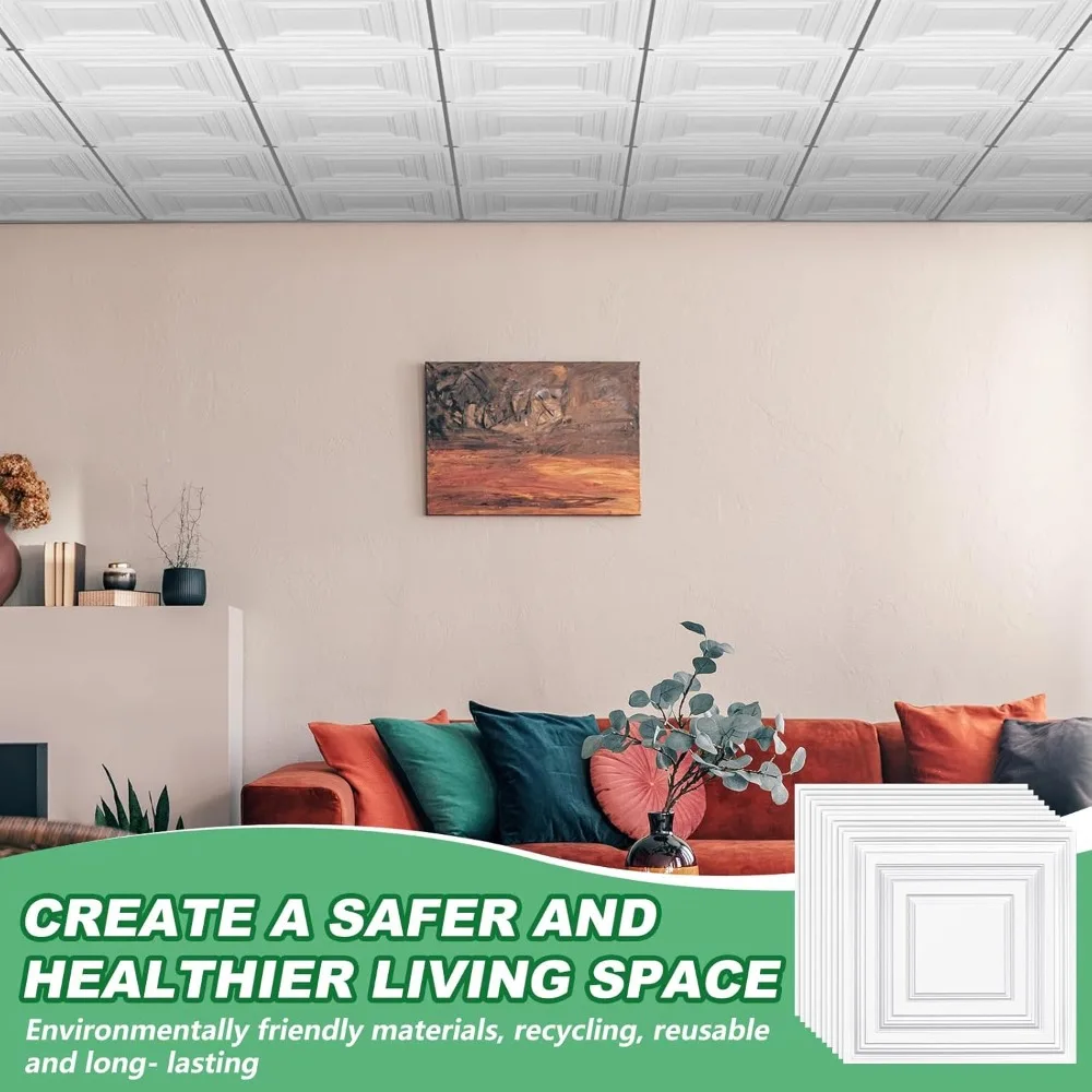 50枚 2 x 2フィート ホワイトPVCプラスチック製ドロップ天井タイル 24 x 24 x 0.8インチ 天井パネル装飾カバー 200平方フィート フィート