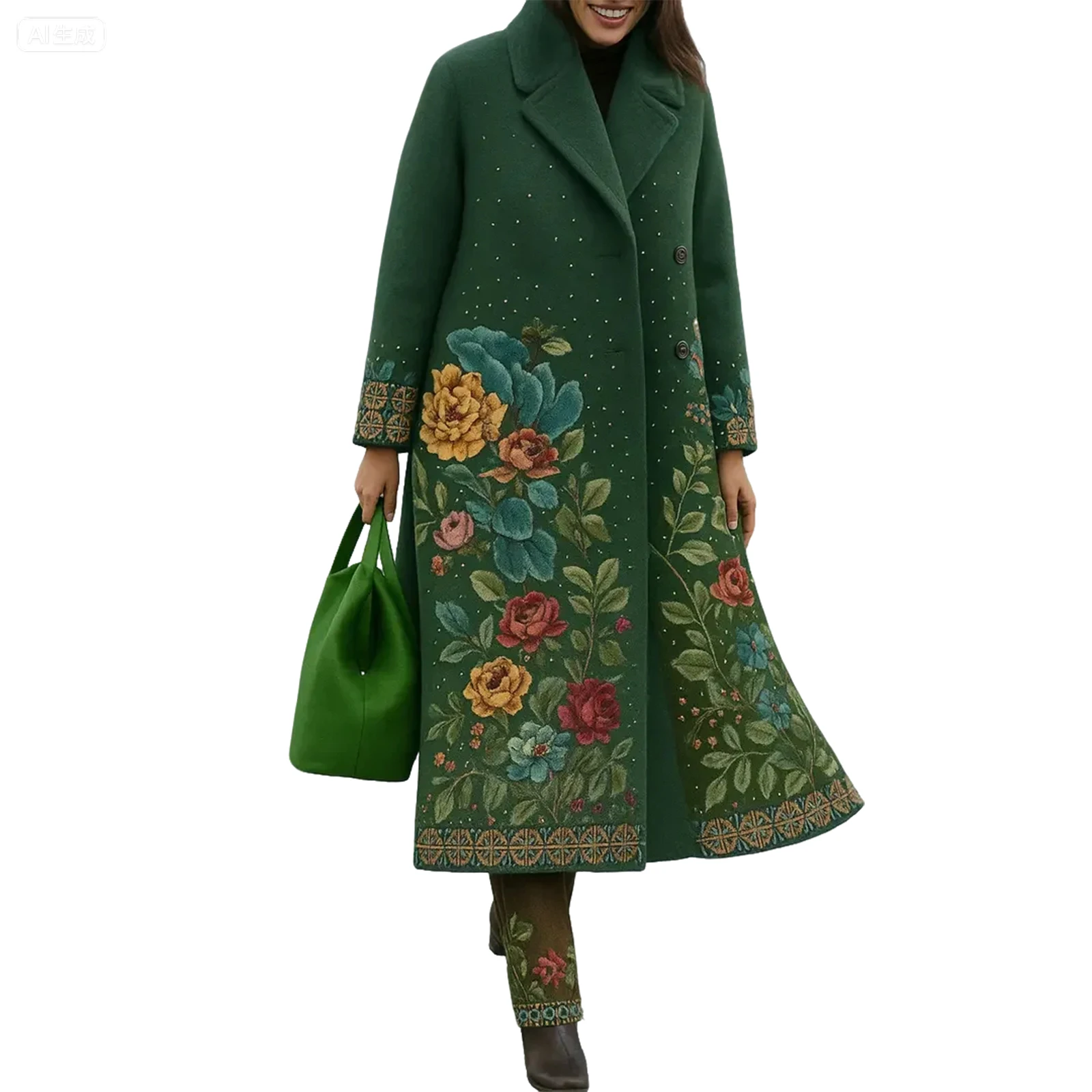

Women's Long-sleeved Solid Color Floral Print Lapel Coat Autumn/Winter Street Style Overcoat Female Long Cardigan Jacket