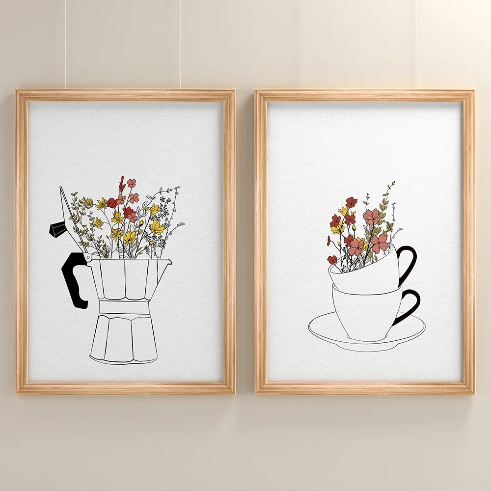 Pósteres de arte de pared nórdico moderno con pintura de tazas y flores para amantes del café, para sala de estar, cafetería, cocina, hogar