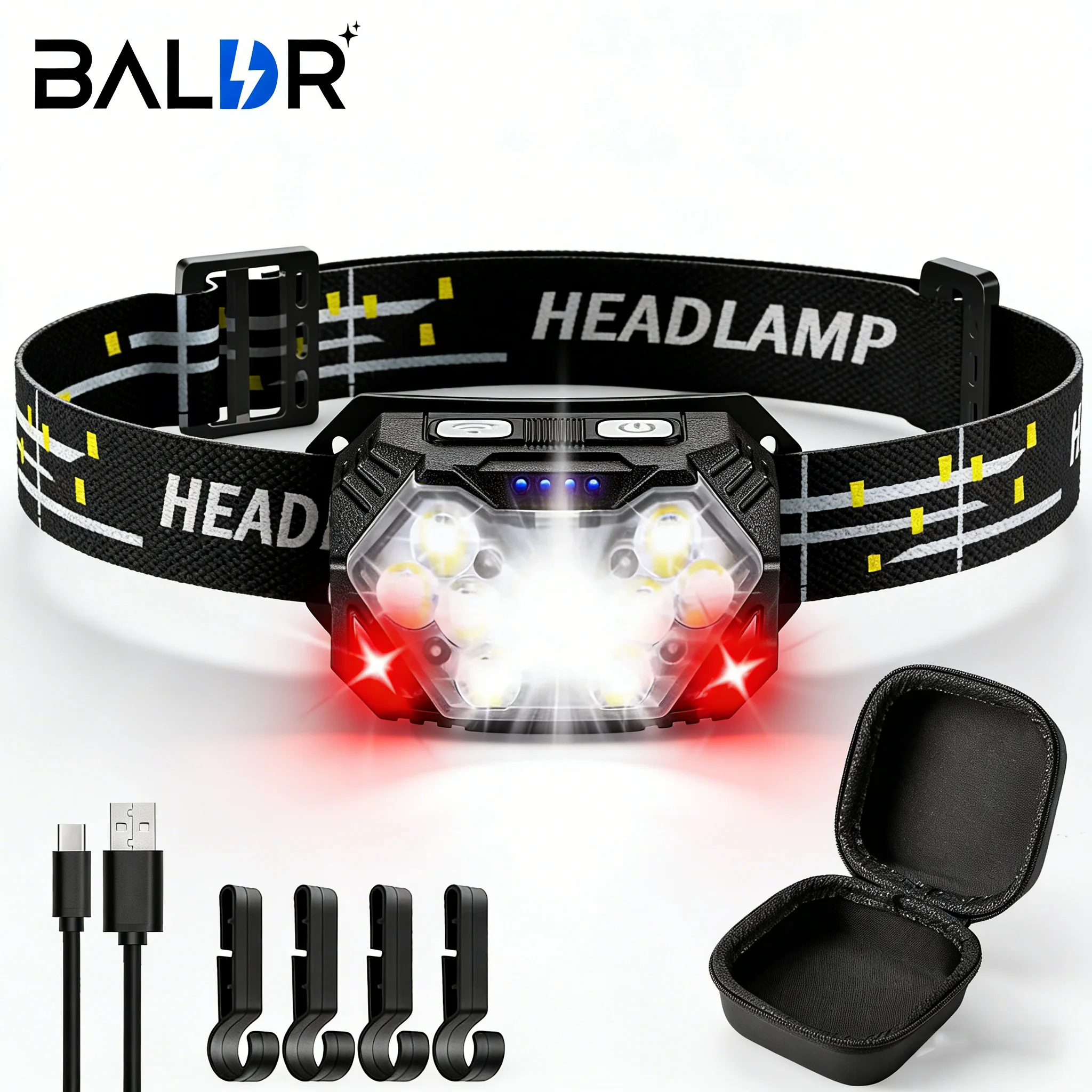 9 LED Headlamp USB C Rechargeable Headlight 10 Modes Waterproof Motion Sensor Head Lamp Work Flashlight New 2000LM Ultra Bright
