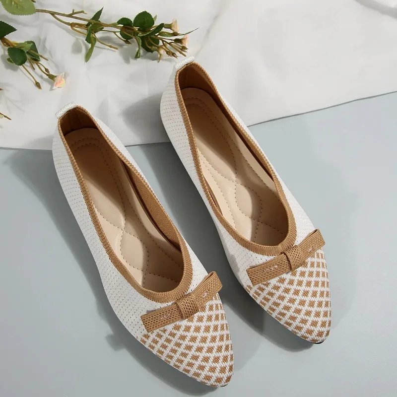 New Women's Knitted Slip on Flats Breathable Comfortable Bowtie Walking Shoes Casual Pointed Toe Walking Sneakers Loafers