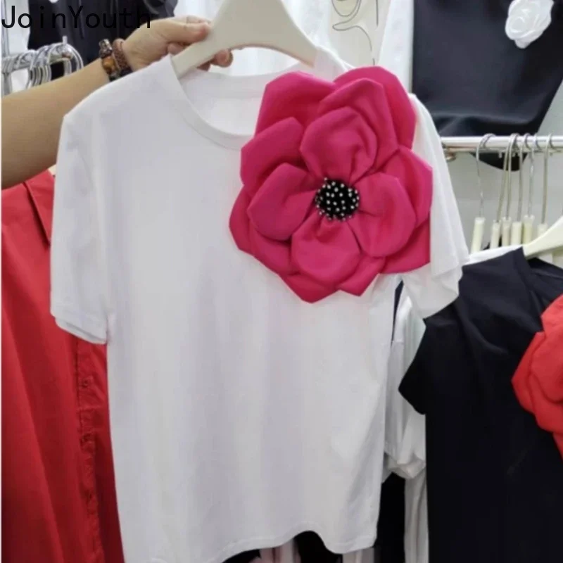 White Tshirts for Women 2024 Ropa Mujer Short Sleeve O-neck Tees Oversized Tops 3D Floral Sweet T Shirt Fashion Summer T-shirt