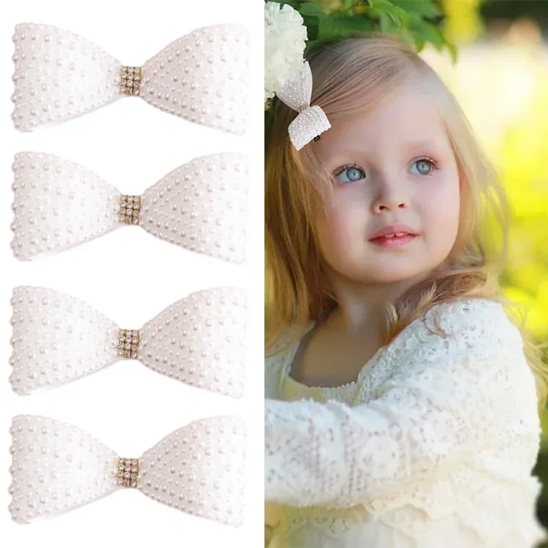 ncmama Fashion White Pearl Hair Bows with Clips for Girls Kids Boutique Hairpins Barrettes Baby Headwear Hair Accessories Gifts