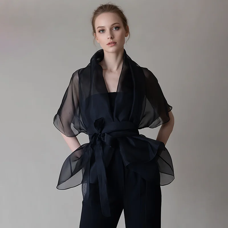 Organza Mesh Blouse for Women Stand Collar Lace-up See Through V-Neck American Retro Elegant Half Sleeve Blouse Top Plus Size