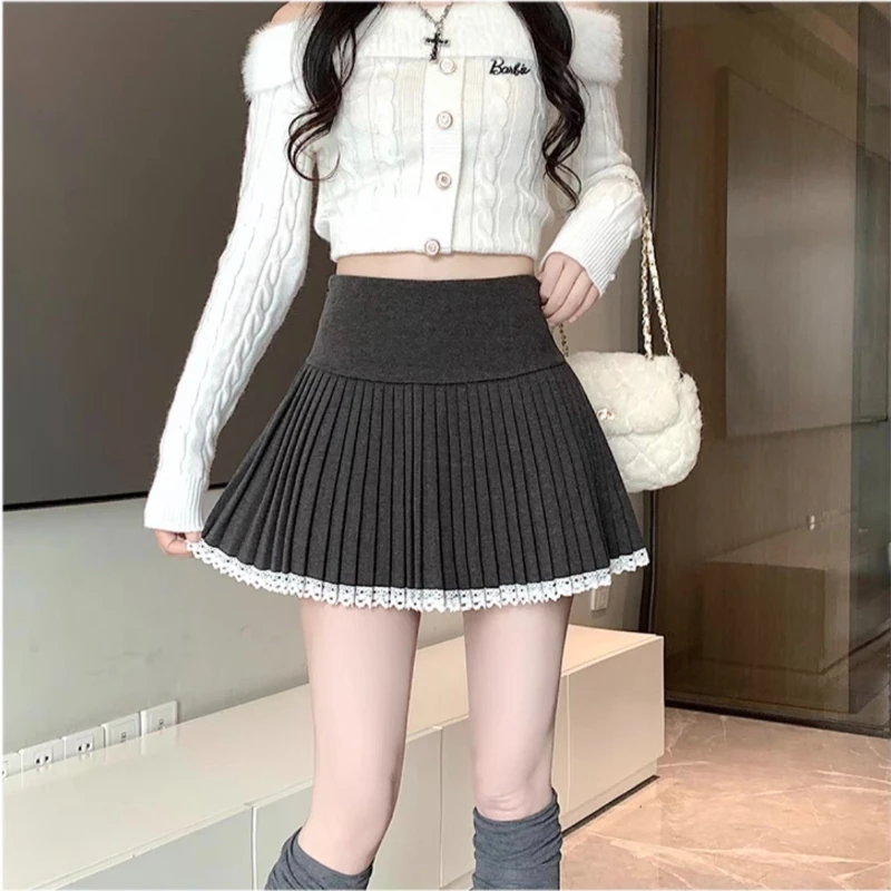 Deeptown Elegant Sweet Pleated Skirt Women Lace Sexy Kawaii Mini Skirt Preppy Style Fashion Casual Autumn Winter A-line Skirts