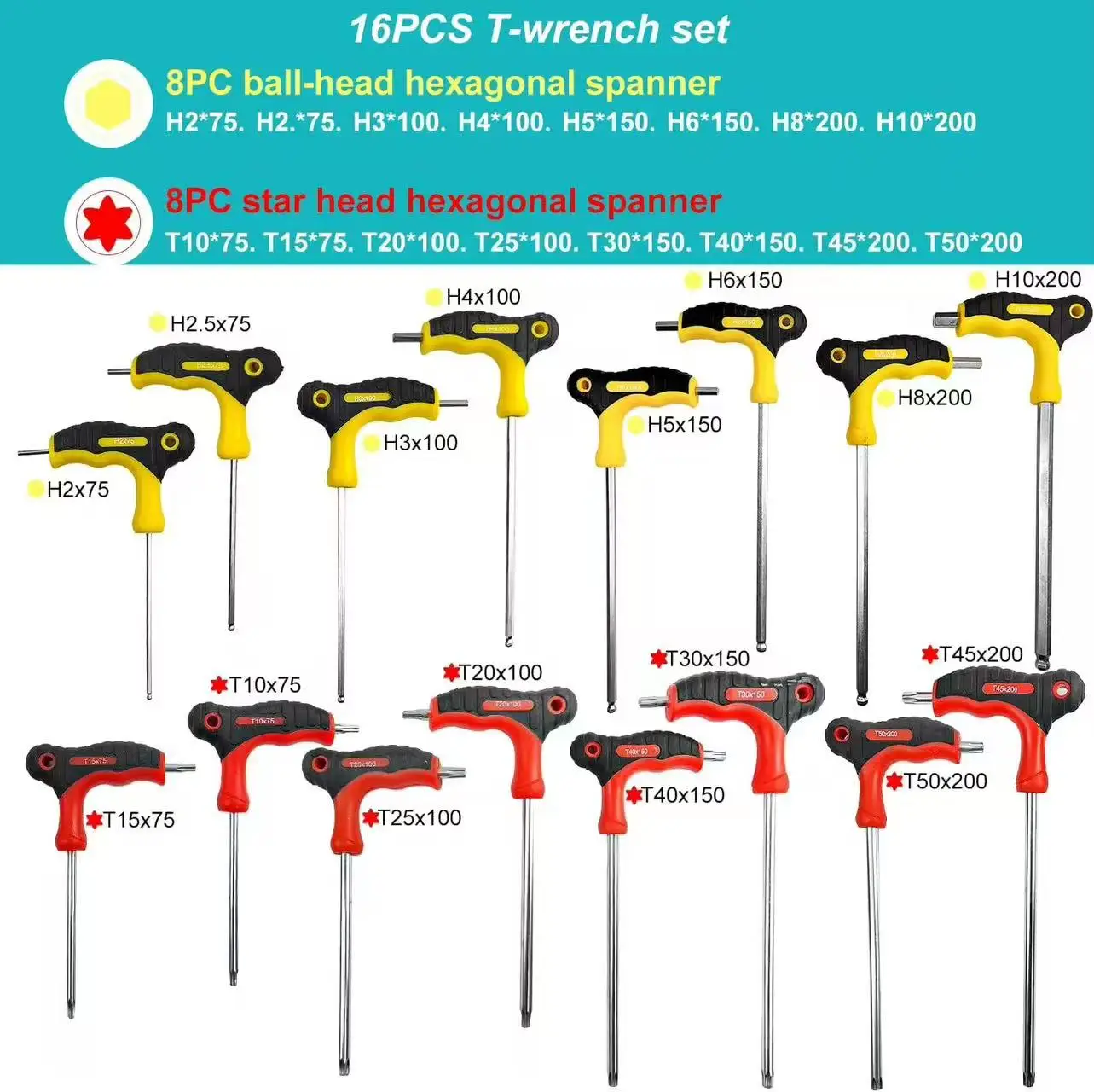 16Pcs T‑Handle Hex & Torx Wrench Set, Industrial Chrome Vanadium Steel Allen Key Kit, Non‑slip PP+TPR Handle, Household & Mechan
