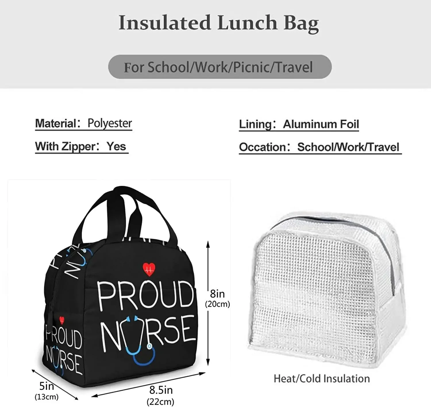 Nurse Theme Lunch Bag for Women Insulated Tote Bag Reusable Cooler Lunch Box for Work Picnic Travel