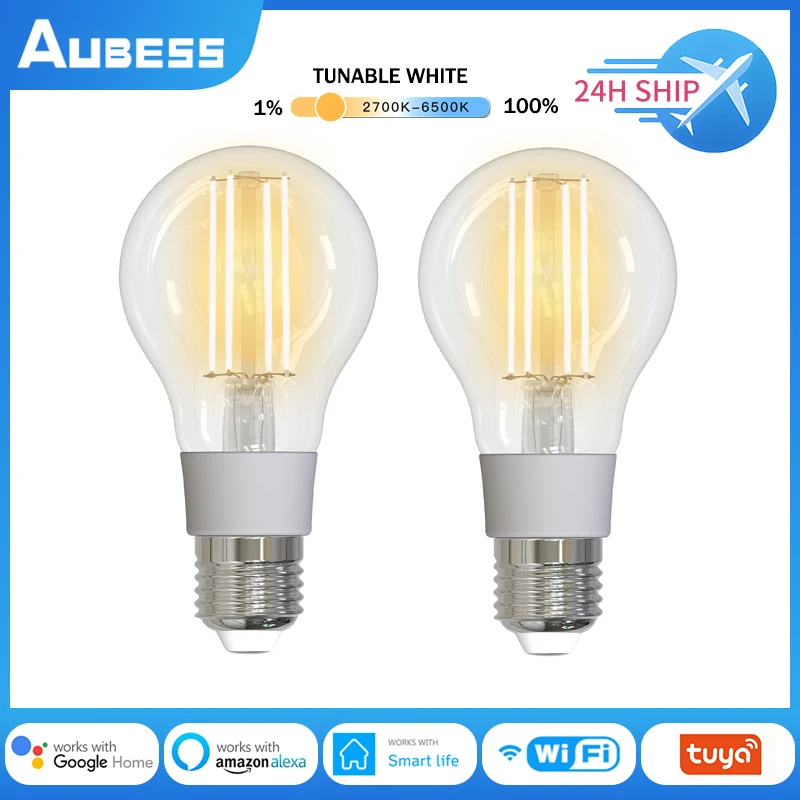 Aubess WiFi Smart Filament Bulb AC 90-250V E27 Dimmable LED Lamp 2700K-6500K 806LM Lighting Voice Control Via Alexa Google Home