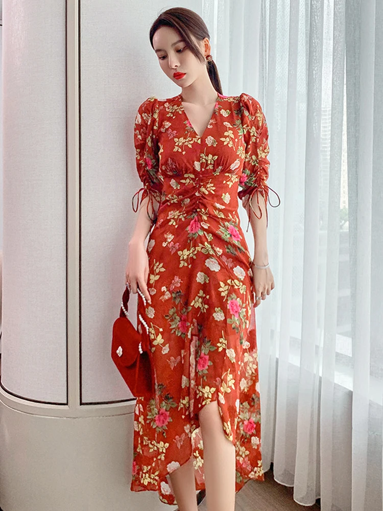 Women's Vintage Elegant Maxi Dress Ladies Sweet Retro Holiday Bandage Folds Slit Long Robe Female Boho Vacation Seaside Vestidos