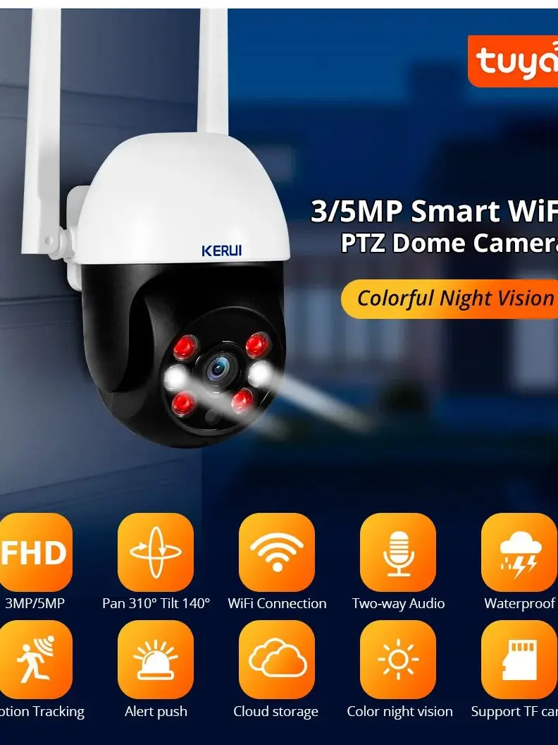 KERUI 5MP Tuya Camera Outdoor PTZ WIFI Surveillance Camera Smart Home Auto Tracking Waterproof CCTV Security Protection