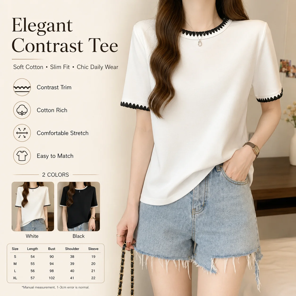 Women Contrast Trim T Shirt Summer Short Sleeve O Neck Cotton Top Slim Fit Elegant Casual Office Lady Tee