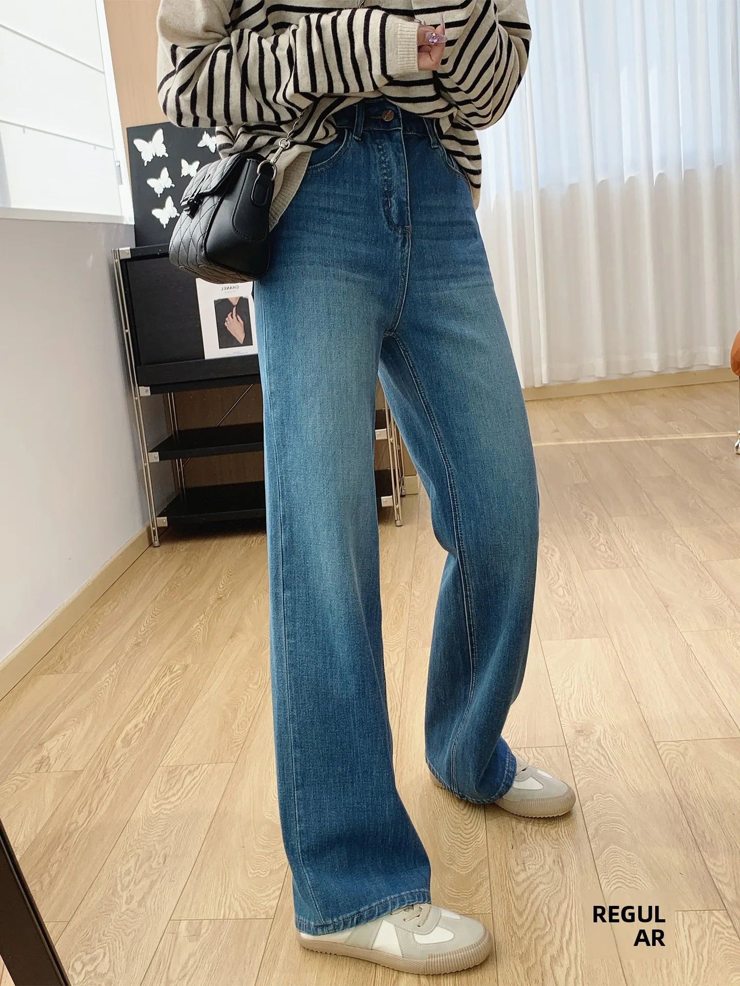 

Джинсы с высокой талией и прямыми штанинами для женщин, свободный крой, супер-эффект похудения, весенние, из смесового хлопка с лайкрой, эластичные в четырех направлениях, широкие брюки