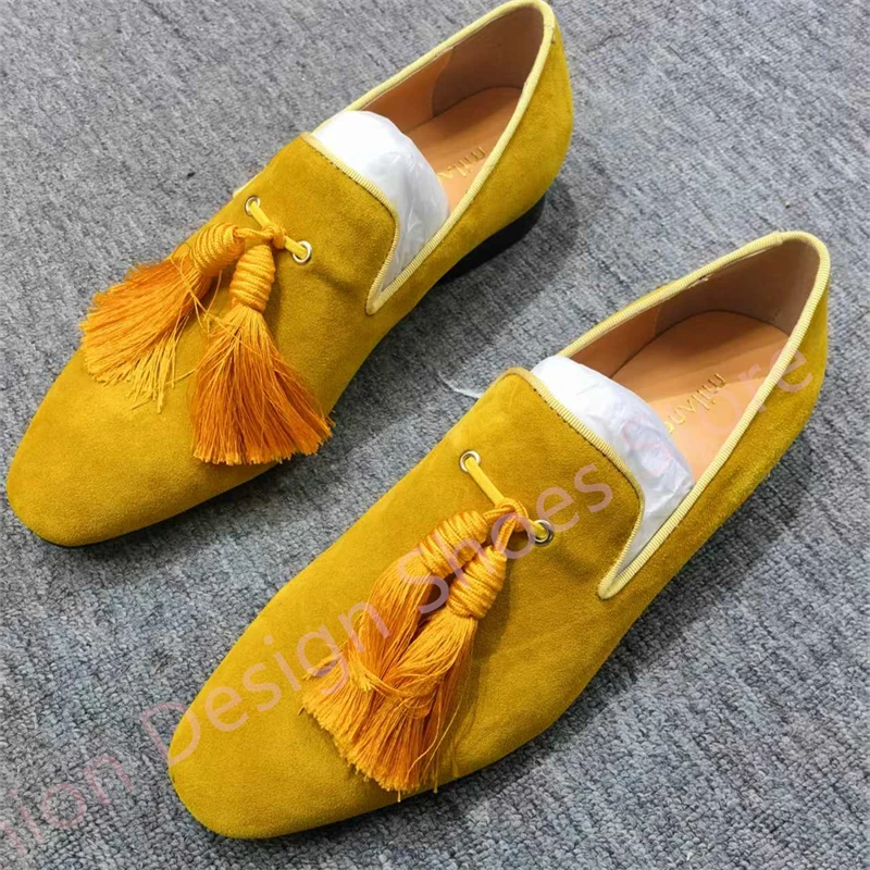 

Yellow Suede Smoking Long Fringe Men Loafer Tassel Low Heels slip on Round Toe Big Size 40-48 Casual Shoes Man