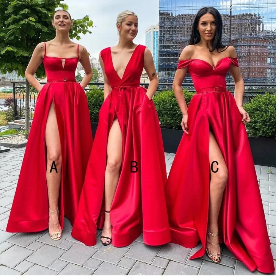 

Sexy High Slit Red Bridesmaid Dresses Square Collar Spaghetti Strap Pocket A Line Prom Dress Women Long
