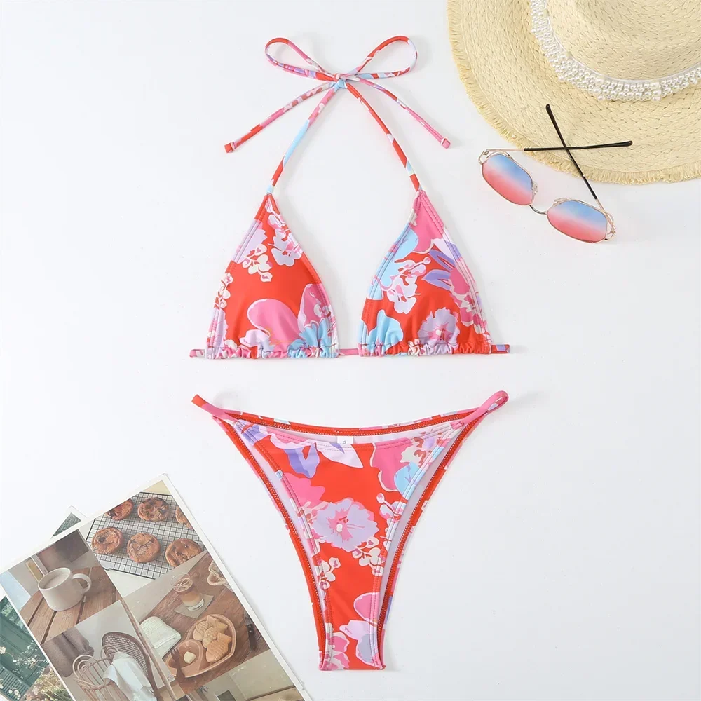Triangle String Bikini Floral Print Y2K Swimsuit Push Up Backless Micro Swimwear Thong Split Bathing Suit Women Beach Mayo Tanga