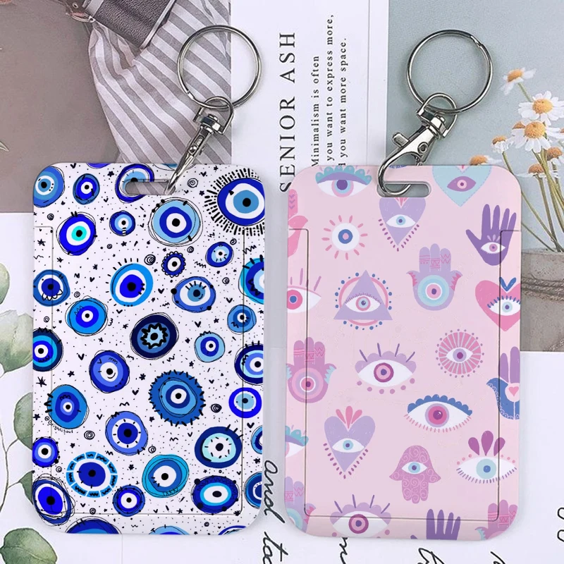 Popular Creative Blue Evil Eyes Pattern Print Keychain Card Holder Keychains Bank Bus ID Credit Cards Key Ring Chains