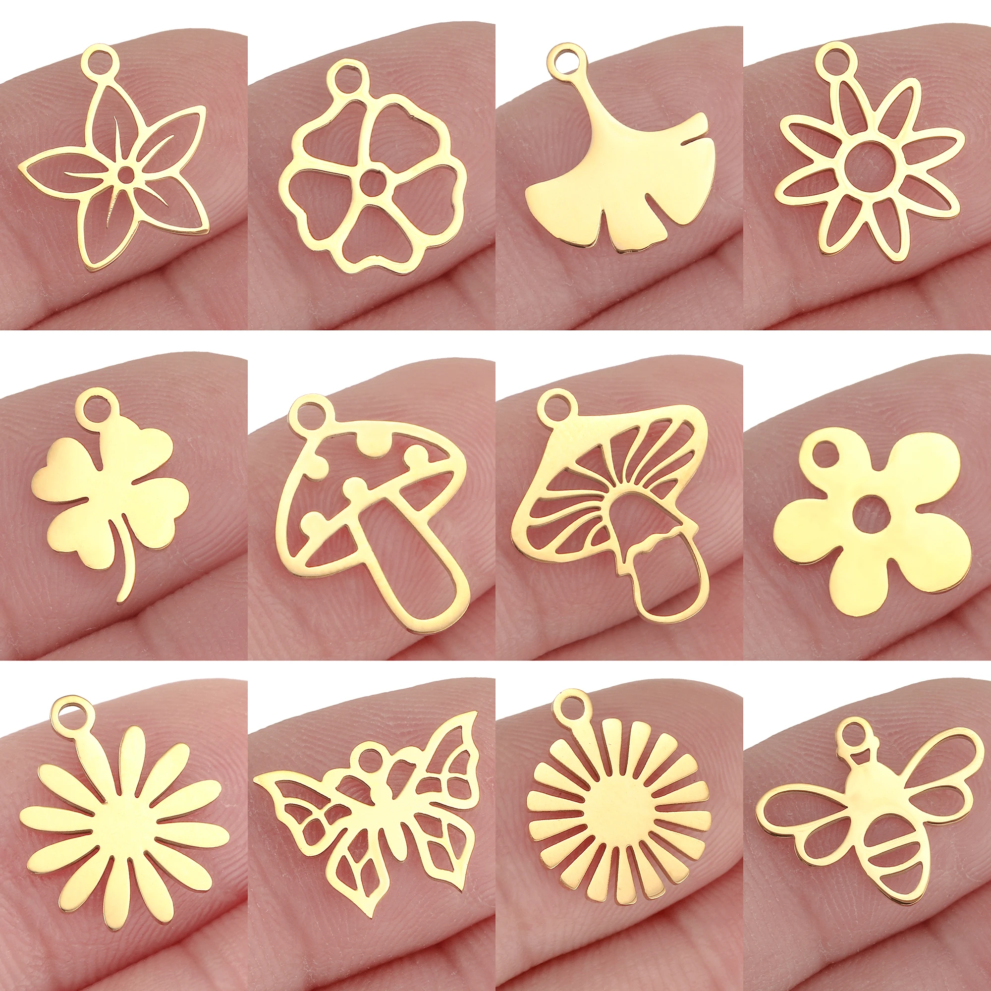 5 Stück Frühlings-Bienen/Kleeblatt/Blumen-Anhänger, goldfarben PVD-beschichteter Edelstahl, Schmetterlingsanhänger für DIY-Halsketten, Armbänder und Schmuckherstellung