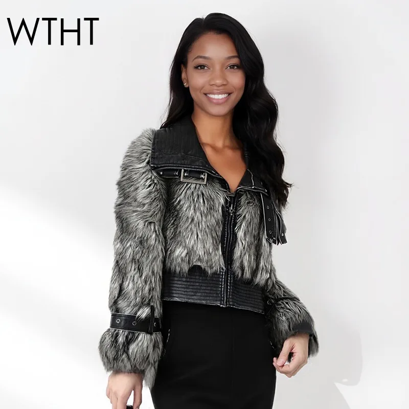 

WTHT New Trendy Women's Plush Spliced PU Leather Fake Fur Jacket 2025 Winter Lapel Long Sleeves Belt Design Coat Female 1LS2694