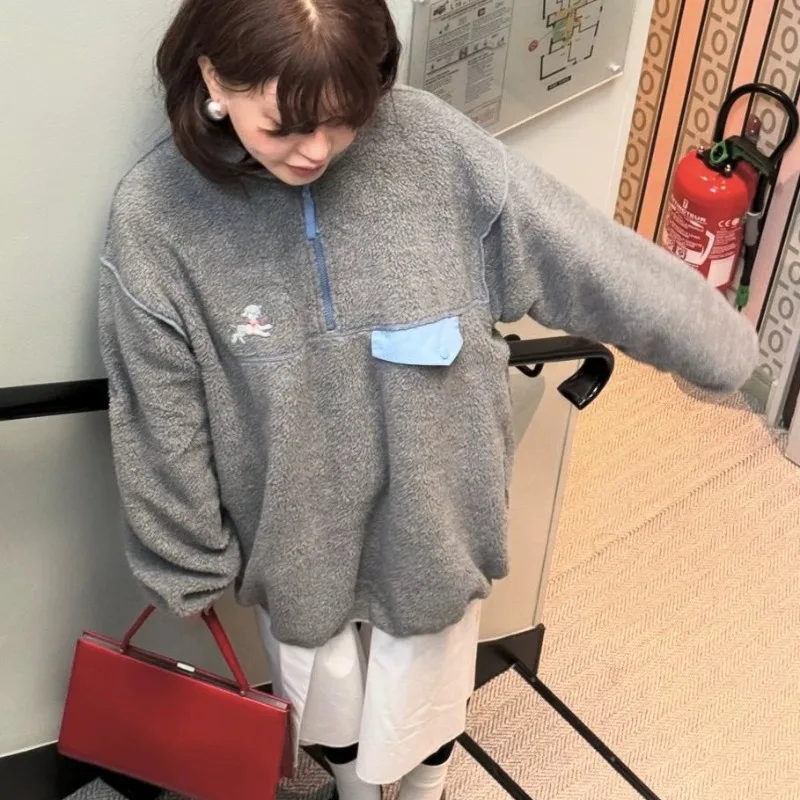 Polar Fleece Stitching Zipper Stand-up Collar Sweater Lamb Embroidery Loose Long Coat