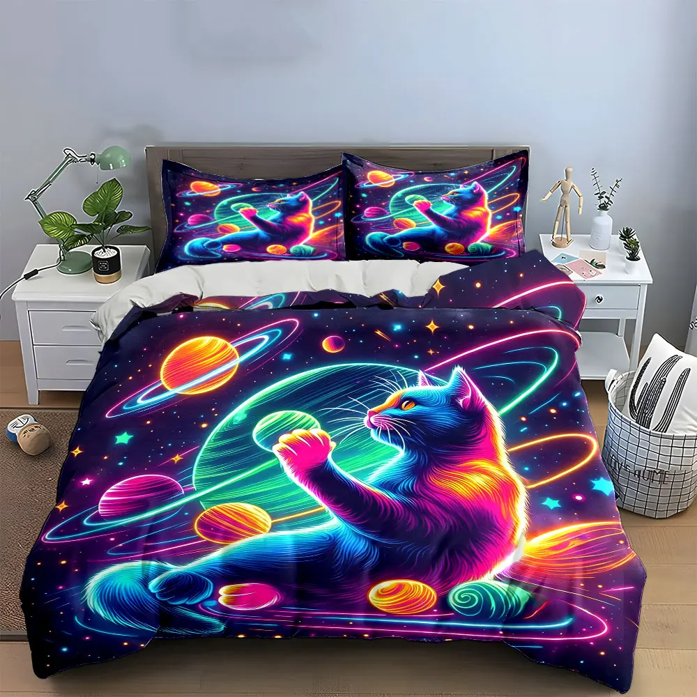 Neon Cat Galaxy Art Set Multiple sizes kid's and adults' bedroom Exquisite 3PC bedding set, gift