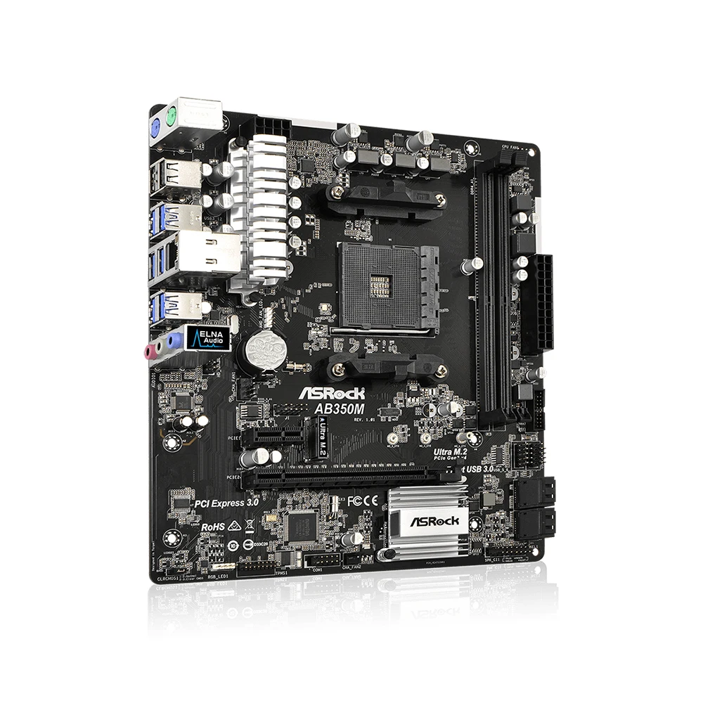 ASRock AB350M 마더보드, AMD B350 칩셋 소켓 사용, AM4 DDR4 64GB PCI-E 3.0, 2 × M.2 6 × SATA III 1 × RJ45 ATX