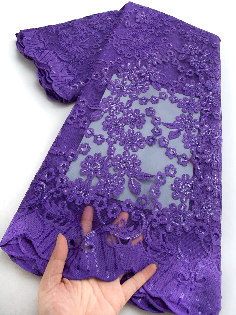 

African Milk Silk Flowers Lace Fabric Purple High Quality French Tulle Lace Fabric For Nigeria Bridal Dress Wedding Party,5 Yard