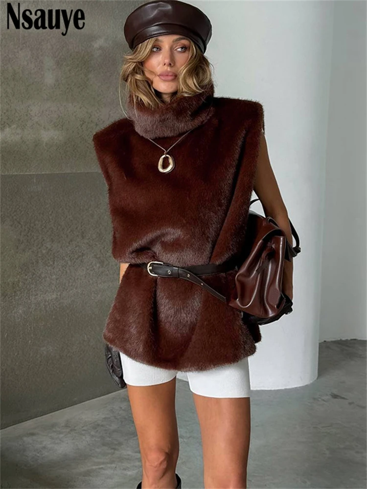 Women's 2025 Winter Warm Turtleneck Faux Fur Vest Jacket