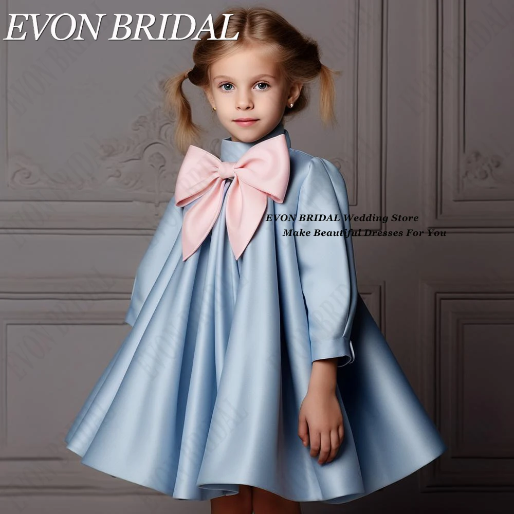 EVON BRIDAL Stitching Color Short Flower Girl Dresses With Bow Knee-Length Satin 3/4 Sleeves Kids Bridesmaid Party Concert Gowns