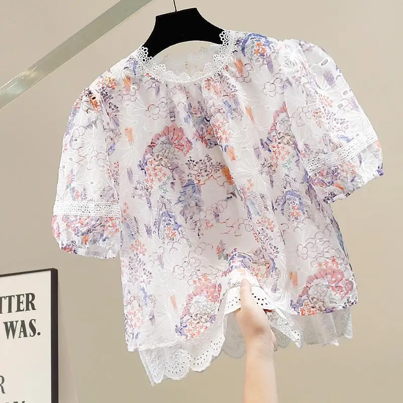 

Faionable Heavy Embroidery Flower Loose ort Sve irt Design Sense Little Fraance Sle Casual Versatile Top Trendy