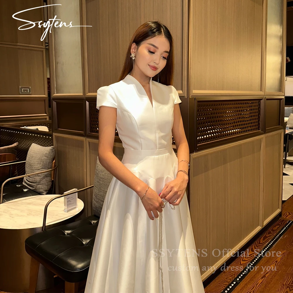 

SSYTENS Ivory Arabic Evening Dresses for Women Customized Satin Cap Sleeves A-Line Prom Party Gowns Wedding 2026 Robes De Soirée