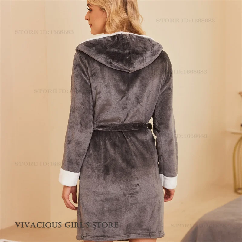 Thicken Warm Flannel Robe Home Dress Hooded Kimono Bathrobe Gown with Pocket Autumn Winter New Sleepwear Loungewear Loose Pajama