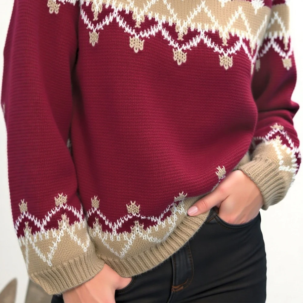 여성용 크리스마스 스웨터 2025 가을 겨울 긴 소매 O넥 루즈 따뜻한 컬러 블록 두꺼운 니트 자카드 스웨터