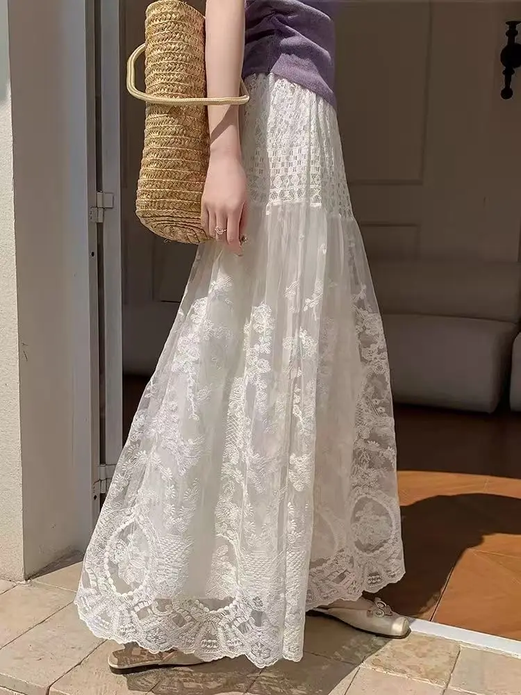 French Lace Mesh Pleated Skirt Women High Waist Casual Summer 2026 Slimming A-line Midi Skirts Elegant Lady Beach Skirts Clothes
