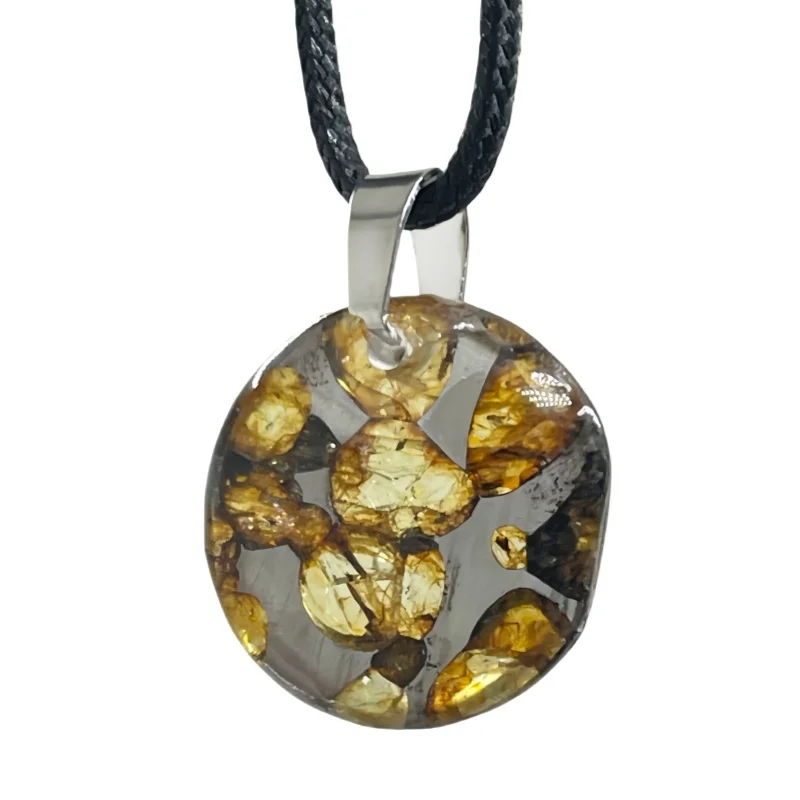Seymchan Pallasite Meteorite Pendant Golden Olivine Crystal Embedded Transparent Resin Freeform Shape Meteorite Necklace- LB171