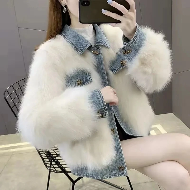 Denim Patchwork Jacket Women\'s 2022 Winter New Lapel Imitation Faxu Fox Fur Coat Warmth Outwear