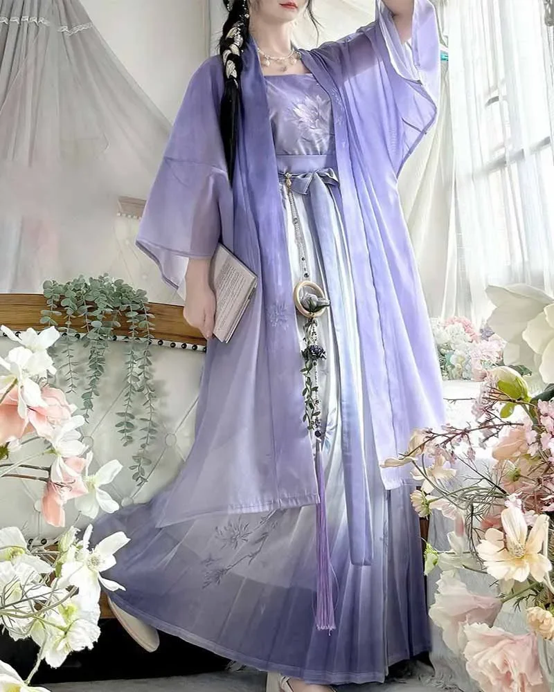 Chinese Hanfu Dress Women 2024 Summer Modern Hanfu Female Cosplay Costume Song dynasty Purple Long cardigan+Camisole+Skirt 3pcs