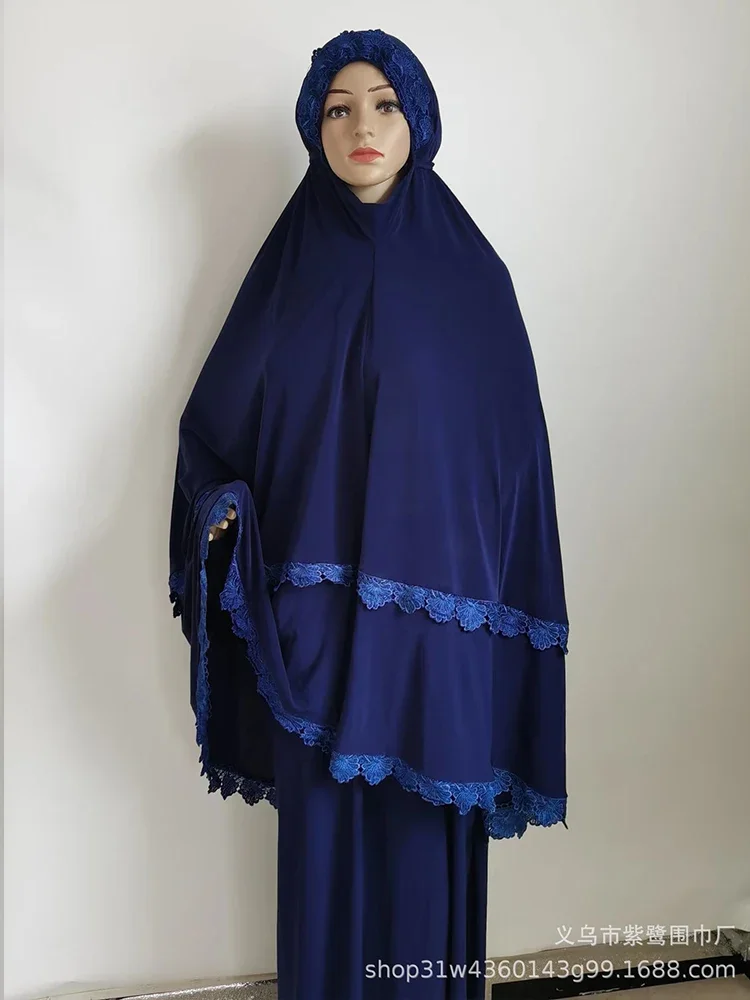 Imagem -03 - Conjunto de Vestuário de Oração Ramadã para Mulheres Khimar Longo Abaya Muçulmano Vestido de Renda Saudita Eid Niqab Jilbab Saia de Peças