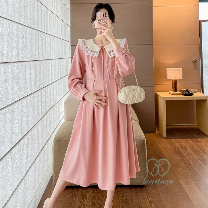 Sweet Maternity Dresses 2024 Spring New Fashion Lovely Lave O Neck A Line Slim Clothes for Pregnant Women Pregnancy Clothing