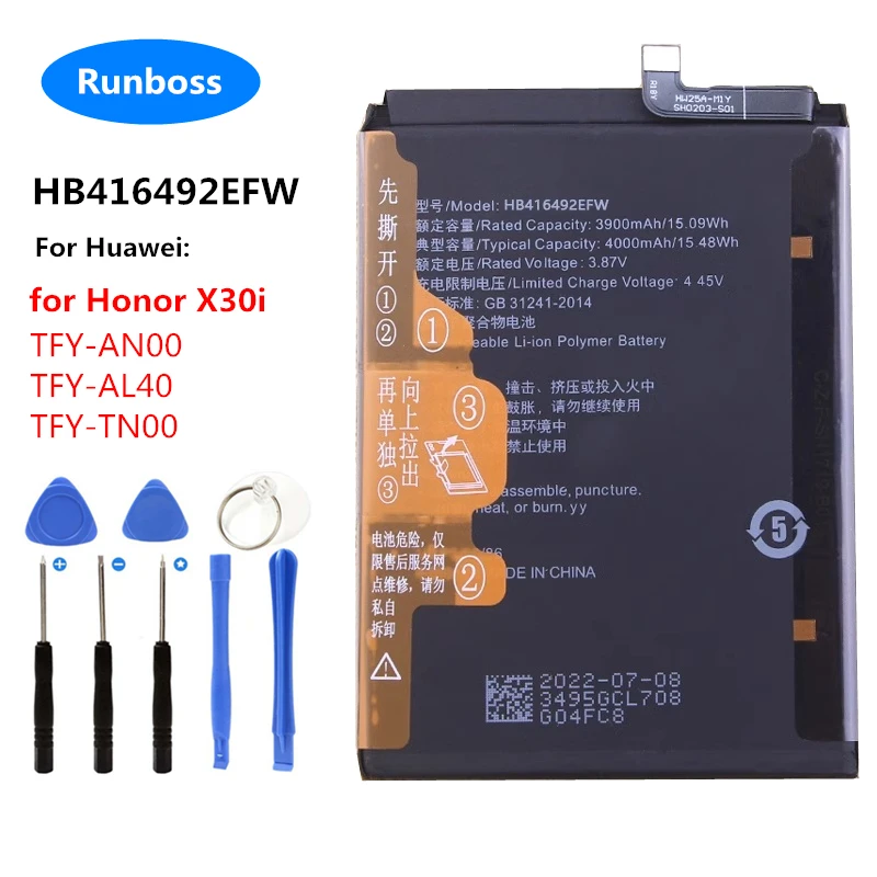 Batteria originale 3.87V 4000mAh per Huawei Honor X8 / X30i X 30i TFY-AN00 TFY-AL40 TFY-TN00 cellulare