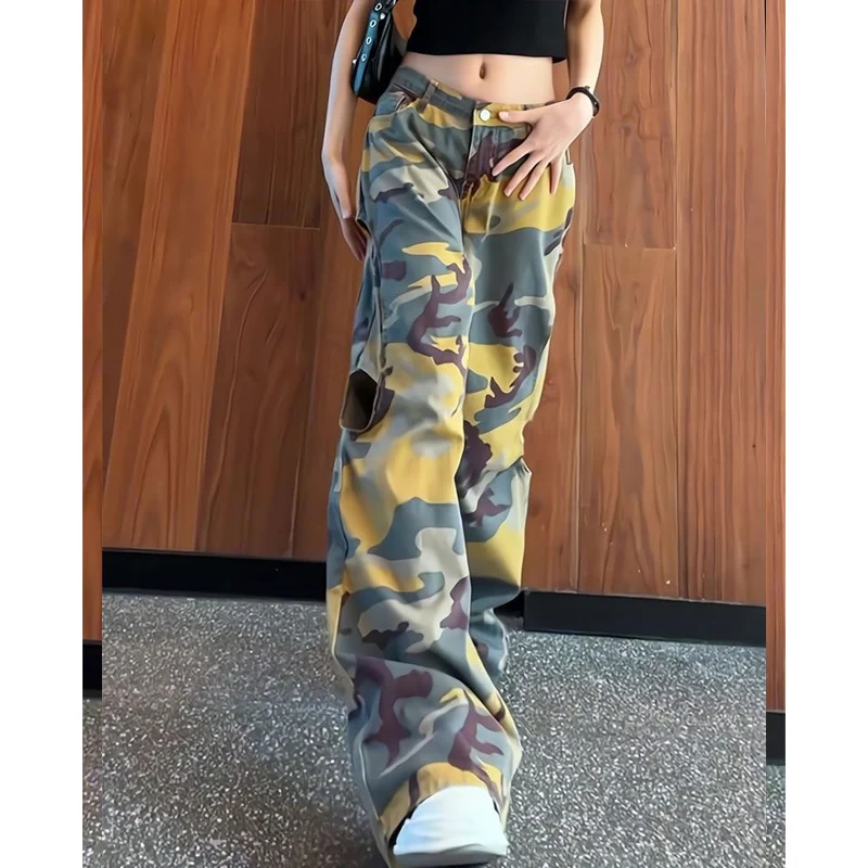 Spring Summer New Camouflage Printing Wide Leg Trousers Women High Street Casual Loose Button Pocket Patchwork Hollow Out Pants