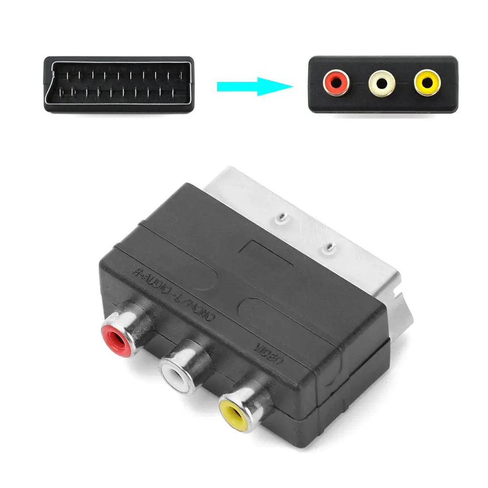 For PS4 For WII DVD VCR Scart Male to 3RCA Female Plug 21PIN Adapter Input Audio Video AV TVF Connector