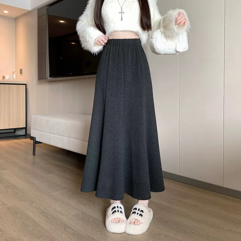 Women's Elegant Gray Brushed Wool A-line Skirt Elastic High-waist Draped Hip Pencil Skirt Trendy Winter Office Commute Outfit