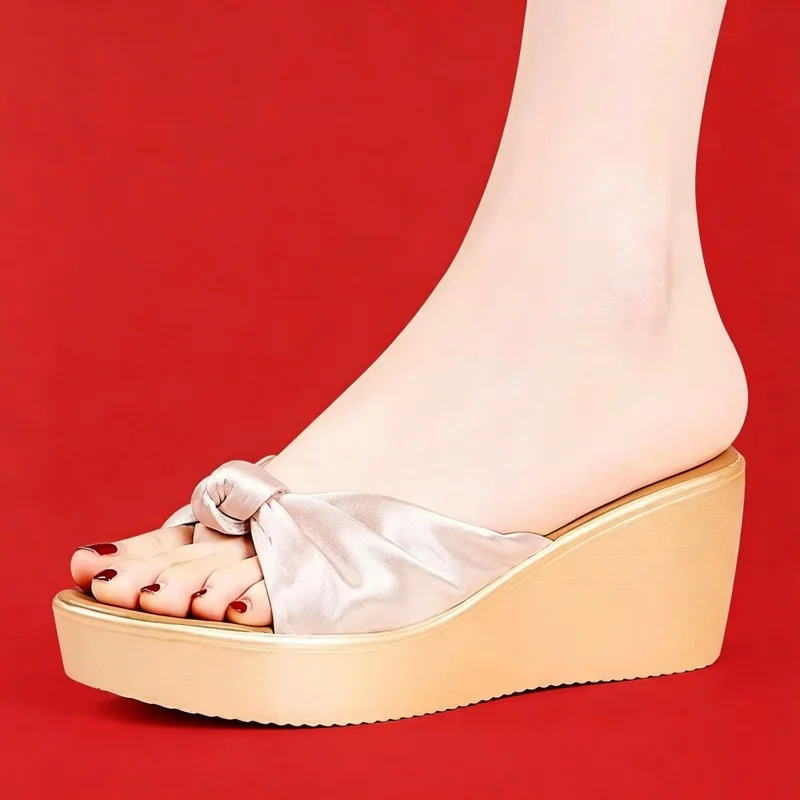 Women Wedge Slide Versatile Platform Thick Sole Bowknot Outdoor Slides Soft Sole Long Standing Comfort One Strap Slippers