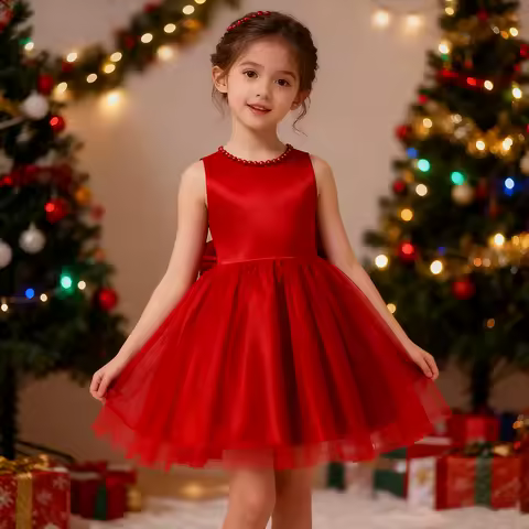 Christmas Girls Party Dresses Backless Red Princess Dress New Year Girl Evening Dress Bowknot Birthday Dress Carnival Outfits